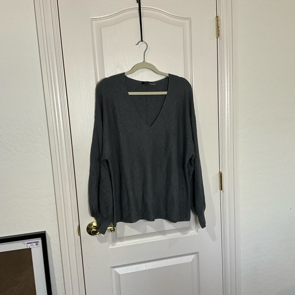 1. State Women's Dark Gray Deep V-Neck Neck Sweater